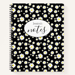 Ditsy Daisy Flower Pattern Aangepaste Naam Zwart Notitieboek