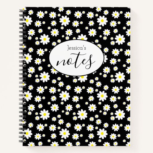 Ditsy Daisy Flower Pattern Aangepaste Naam Zwart Notitieboek (Voorkant)