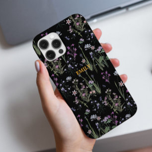 Ditsy Floral Pattern Zwart Violet iPhone 16 Pro Hoesje