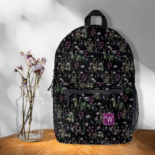  Ditsy FLoral Pattern Zwart Violet Monogram Bedrukte Rugzak