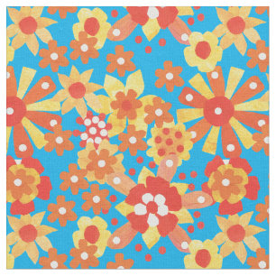 Ditsy Oranje bloemmotief op turquoise stof