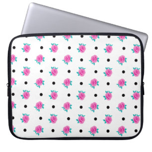 Ditsy Roze Rozen & Zwarte Polka Dots Laptop Sleeve