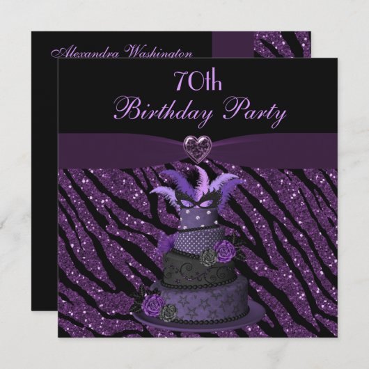 Diva Cake & Printed Zebra Glitter 70th Birthday Kaart (Voorkant / Achterkant)