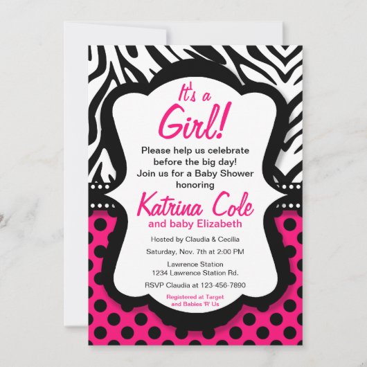 Diva Hot Pink Zebra Girl Baby shower Invitation (Devant)