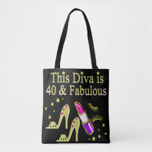 DIVA IS 40 EN FANTASTISCH GOUDEN HOGE HAK ONTWERP TOTE BAG