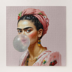Diva met bloemensjaal die bubbelgom blaast legpuzzel