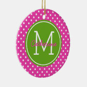 Diva roze groene appel en witte poka dot monogram keramisch ornament (Rechts)