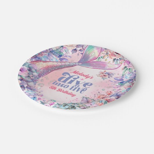 Dive into Five Flower Glitter Mermaid Tail Papieren Bordje (Gekanteld)