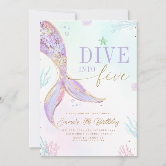 Dive into Five Mermaid Birthday Invitation Editabl (Devant)