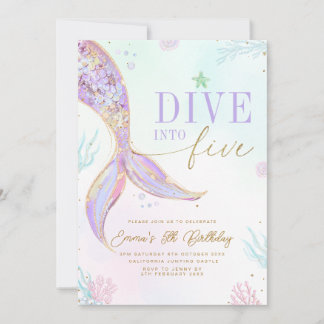 Dive into Five Mermaid Birthday Invitation Editabl Kaart