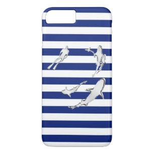 Diver en haaien op Nautical Stripes iPhone 8 Plus / 7 Plus Hoesje