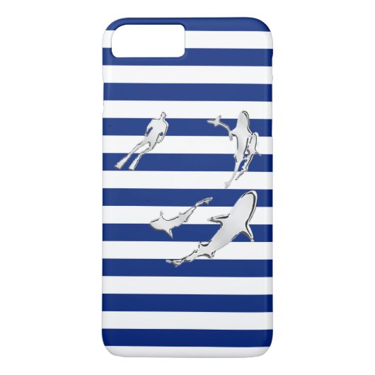 Diver en haaien op Nautical Stripes Case-Mate iPhone Case (Achterkant)