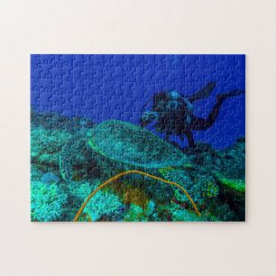 Diver- en Zee-schildpad op het Great Barrier Reef Legpuzzel