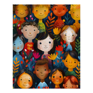 Diverse Gelukkige Kinderen Bloempatroon Illustrati Perfect Poster