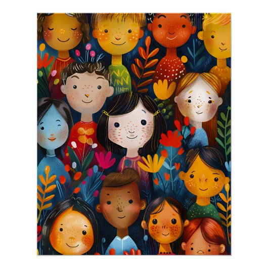 Diverse Happy Children Floral Pattern Illustration Perfect Poster (Voorkant)
