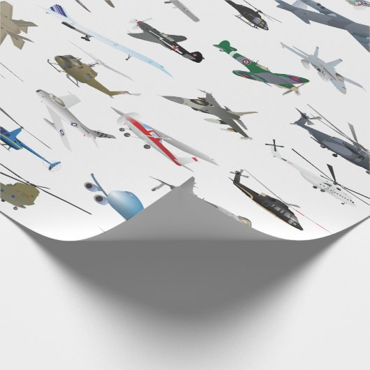Diverse kleurrijke vliegtuigen en helikopters cadeaupapier (Hoek)