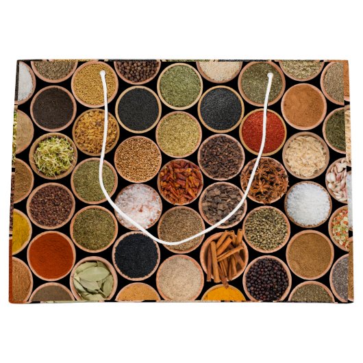 Diverse specerijen en voedselingrediënten groot cadeauzakje (Voorkant)