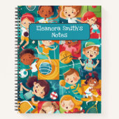 Diverse sportieve moppige karakters terug naar sch notitieboek (Voorkant)