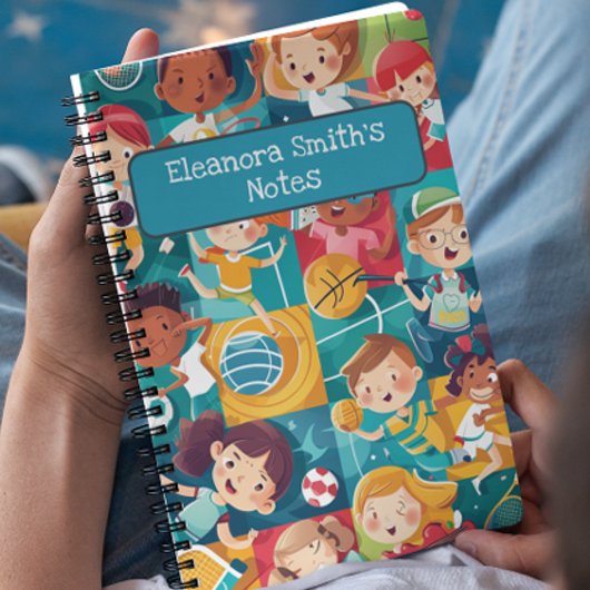 Diverse sportieve moppige karakters terug naar sch notitieboek