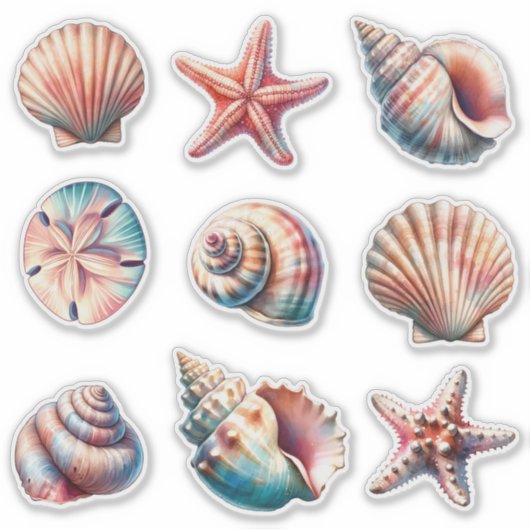 Diverse Zee Shell Stickers - set van 9 (Voorkant)