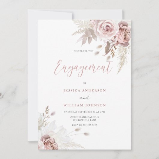 Divine Blush and Dusty Roos Floral Engagement Part Kaart (Voorkant)