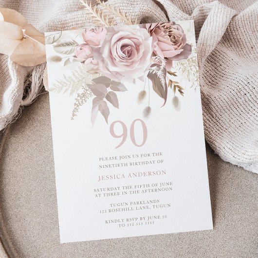 Divine Blush Roses 90th Birthday Party Kaart