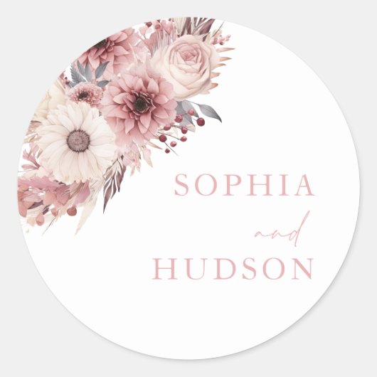 Divine Boho Blush & Roos Bruiloft Ronde Sticker (Voorkant)