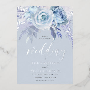 Divine Dusty Blue Floral Bruiloft Echt Zilver Folie Uitnodiging
