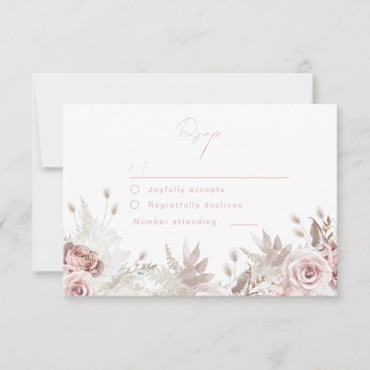 Divine Dusty Rose & Blush Floral Wedding RSVP Kaartje (Voorkant)