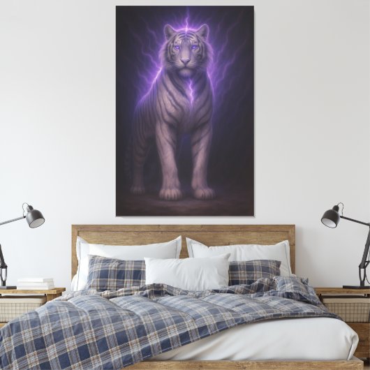 Divine Lightning White Tiger – Celestial Power Fan Canvas Afdruk (Insitu (Slaapkamer))