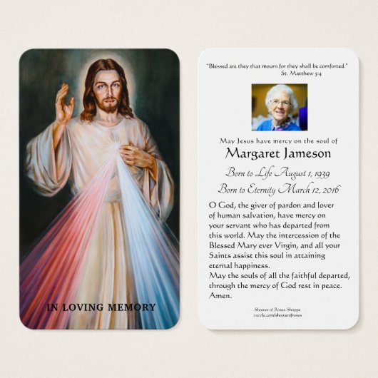 Divine Mercy Catholic Funeral Memorial Holy Card - (Devant & derrière)