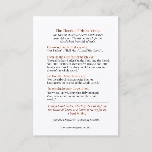 Divine Mercy of Jesus Chaplet St. Faustina Prayer Visitekaartje (Achterkant)