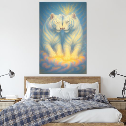 Divine Mirror White Tigers – Celestial Symmetry Ar Canvas Afdruk (Insitu (Slaapkamer))