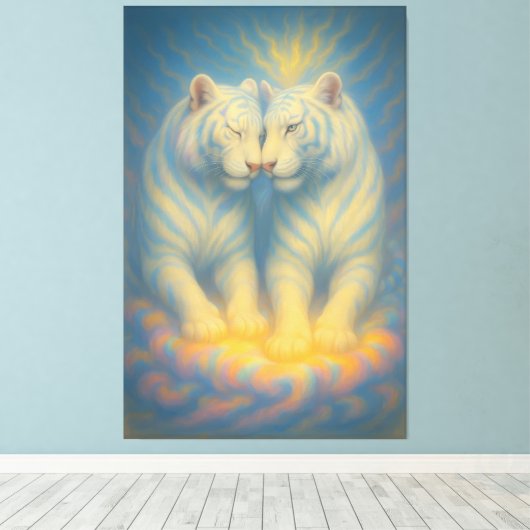Divine Mirror White Tigers – Celestial Symmetry Ar Canvas Afdruk (Insitu (Houten vloer))