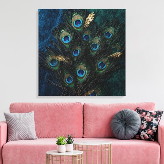 Divine Peacock Feathers Wall Art | Boho Spiritual Canvas Afdruk (Insitu (Woonkamer))