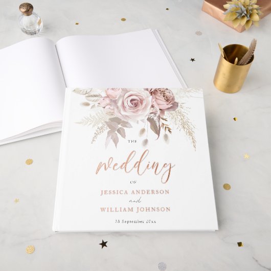 Divine Roos Gold Blush Floral Wedding Gastenboek (Voorkant open)