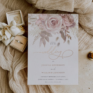 Divine Roos Gold Flowers Elegant Script Wedding Folie Uitnodiging