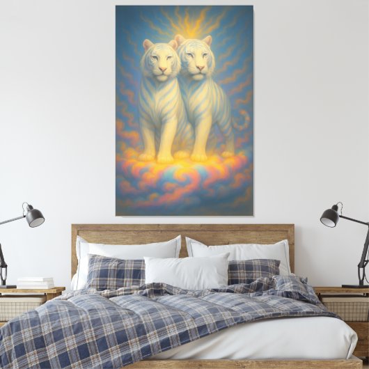 Divine White Tiger Royals – Twin Guardians of the  Canvas Afdruk (Insitu (Slaapkamer))
