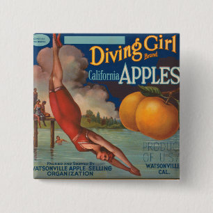 Diving Girl California Apples Vierkante Button 5,1 Cm