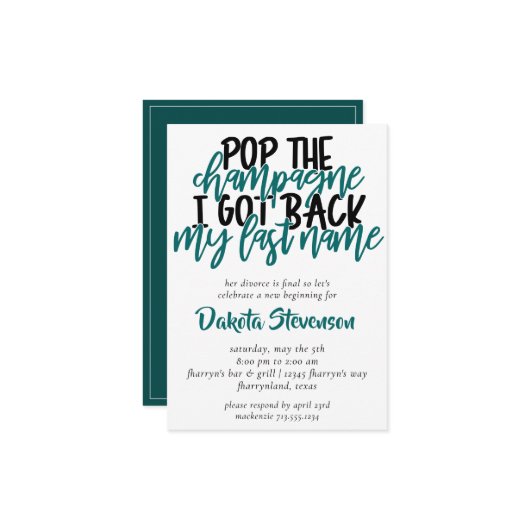 Divorce | Turquoise Pop the Champagne Invitation (Devant/Arrière en situation)