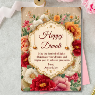 Diwali Beige Floral Lamp Diyas Groet Kaart
