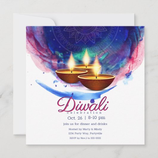 Diwali Diyas Blue Paint Wash Kaart (Voorkant)