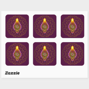 Diwali Jeweled Diya Candle Design Mandala Paars Vierkante Sticker