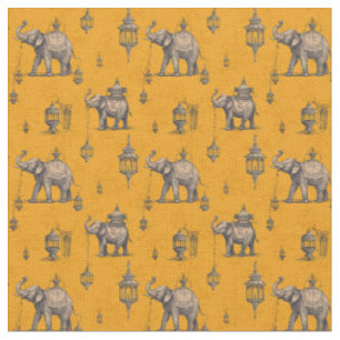 Diwali Olifant in Gouden Veld Toile de Jouy Stof