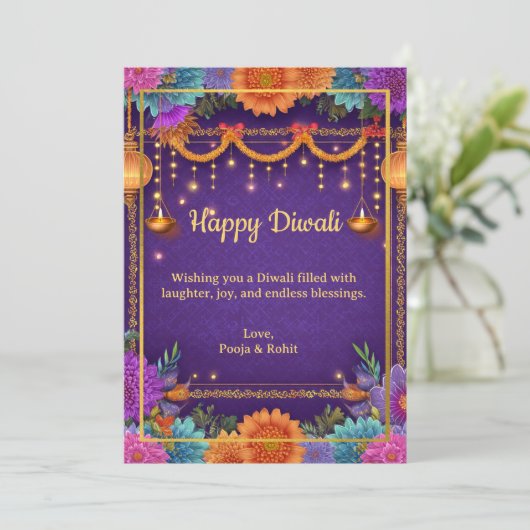 Diwali Paarse Gouden Diwali Lampen Lichtillustrati Kaart (Staand voorkant)