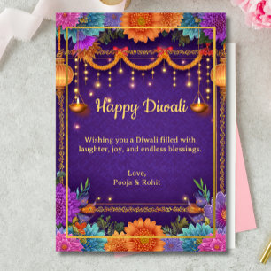 Diwali Paarse Gouden Diwali Lampen Lichtillustrati Kaart