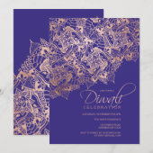 Diwali-typografie roos gouden mandala blauw paars kaart (Voorkant / Achterkant)