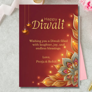 Diwali Wenskaart Rood Goud Bloem Lantaarns Kaart
