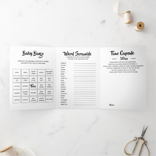 DIY baby games bingo, scramble, tijdcapsule Drieluik Uitnodiging (Binnen)