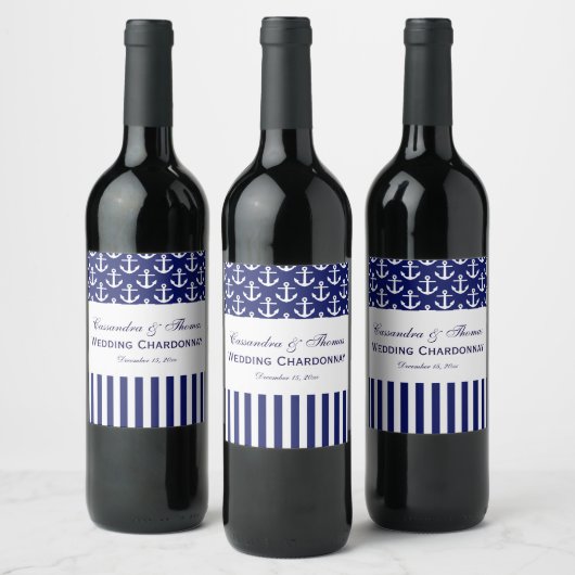 DIY BG Navy White Anchor Stripe Party Wijn Etiket (Flessen)